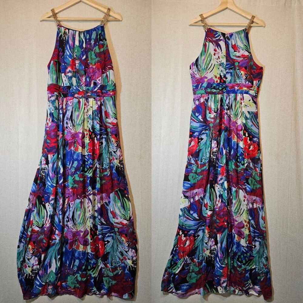 Sangria Floral Maxi Dress Blouson Gold Tone Chain Detail Blue Pink 16
